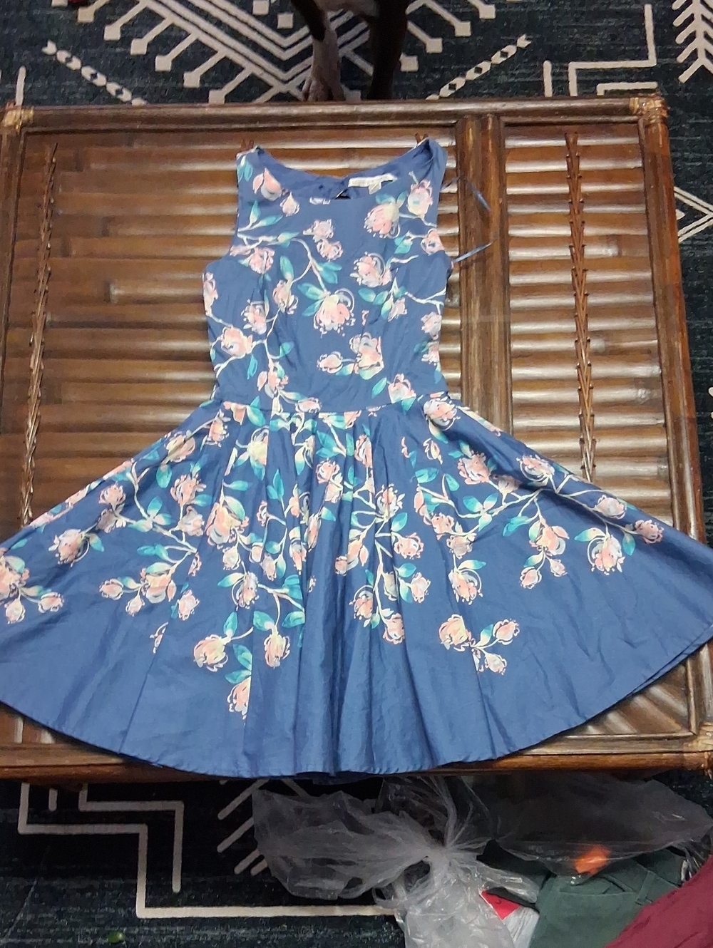 LC Lauren Conrad Navy Blue Floral Sleeveless Twirl Dress with Pink Flowers